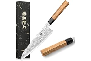 XINZUO 21,5cm Acier Damas Couteau de Chef, Professionnel Couteau de Cuisine de Style Japonais Couteau Damassé pour Couper la Viande et les Légumes -Poignée en Bois d'Olivier et Corne de Buffle Noire