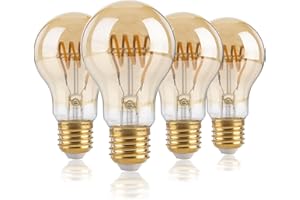 FLSNT Dimmerabile LED Lampadina Edison E27, 4W A60 Retro Stile Decorativo Lampadine, Vintage LED Filamento a spirale Lampen, 300 Lumen, Bianco caldo 2700K, Vetro Ambrato, Confezione da 4