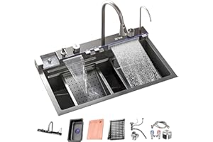 ATHOMASM Stainless Steel Kitchen Sink 85 x 50 cm with Temperature Display, Nano Coating, Waterfall & Worktop, Single Bowl 1 Bowl with Extendable Tap, Large Kitchen Sink, Kitchen Sink