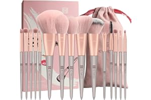 Pinceaux de Maquillage HEYMKGO 15pcs Pinceaux Maquillages à Manche Conique Vert en Synthétiques de Qualité Supérieure,Pinceaux Maquillages Professionnel Avec Cordon de Serrage Sac en Flanelle (Rose)
