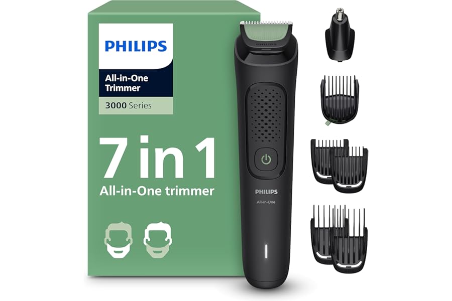 Philips Multigroom 3000 Series All-in-One 7-Piece Trimmer - Shaver and Clipper for Face & Head, Self-Sharpening Skin-Friendly Blades, 10 Length Settings, Model MG3930/15