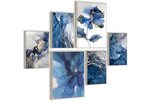 HONEYBABY Blue Canvas Wall Art for Living Room Modern Flower Framed Bathroom Wall Artwork Floral Nature Wall Art Pictures for Bedroom Walls Office Kitchen Hallway Set of 6
