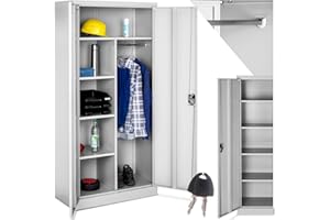 ‎TECTAKE tectake Aktenschrank, Spind Schrank, Mehrzweckschrank, Garderobenschrank mit Kleiderstange, Haushaltsschrank mit 6 Fächern, Aktenschrank abschließbar, Ink. Einlegeböden,180x80x40cm – grau