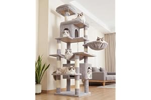 Heybly Arbre À Chat, De 178 cm De Hauteur, Colonne À Griffer pour Les Chats D'Intérieur, Arbre À Chat Multi-Étagé avec 8 Colonnes À Griffer, 2 Trou, 2 Plateformes, Hamac, Panier, Gris Foncé HCT036W