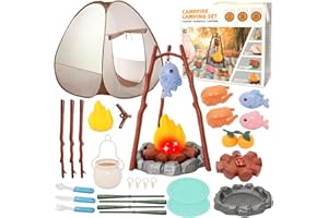 TOTEBYNET Kids Play Tent with Campfire Set - Pretend Play Camping Toys for Children Ages 3-8 Years, Includes Play Food, Utensils & Cutting Toys for Indoor/Outdoor Role Play, Garden Camping Gift for Boys & Girls