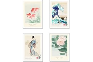 DKORARTE Set 4 cuadros base madera, Decoración Salón Modernos, Dormitorios, Habitación, Oriental, Japones, Chino con colgadores metálicos, (38 x 29 cm cada cuadro)