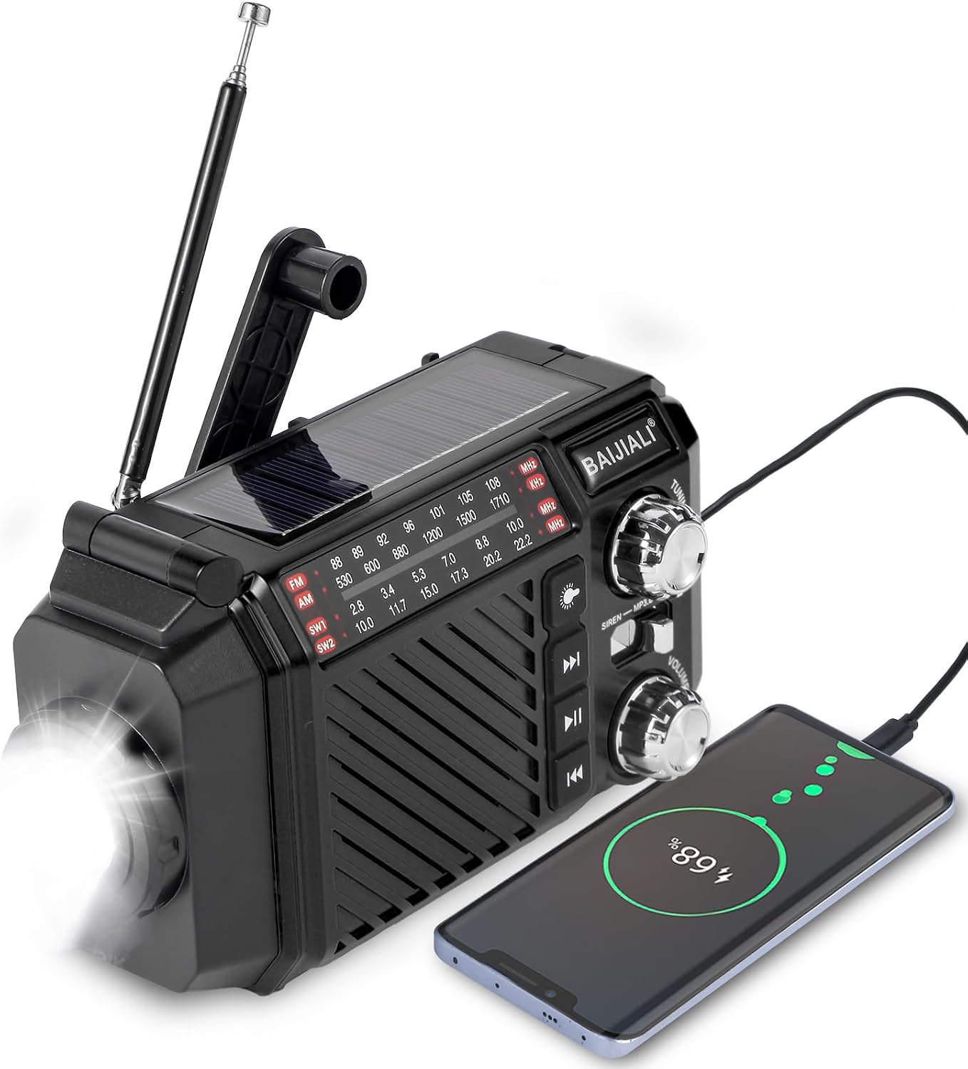Emergency Radio with Solar, Hand Crank & USB-C Charging - 2600mAh Battery-Powered Portable Radio for FM/AM/SW Reception, Torch & SOS Alarm - Black (Wind Up, Rechargeable, Battery Operated)