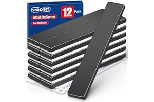 VNDUEEY Strong Rare Earth Neodymium Magnets, 12 Pack Heavy Duty Bar Magnets with Double-Sided Adhesive, Magnetic Bar for Fridge, Garage, Kitchen, Office, Science, Craft, DIY- 60x10x3 mm, Black
