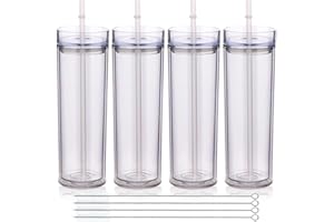 Volhoply 600ml Tumbler en Plastique Réutilisables Lot de 4,Tasse en Plastique à Double Paroi avec Couvercle et Paille,Gobelets à Café en Acrylique de Matte Libre BPA pour Soirées,Cadeaux(Clair,4 Set)