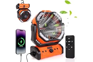ELZO Wentylator kempingowy ze światłem LED, wentylator stołowy 20000 mAh z pilotem i hakiem, przenośny wentylator z możliwością ładowania o 270°, wentylator USB do domu na zewnątrz, na kemping