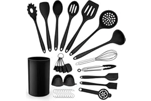 Herogo Juego de utensilios de cocina de silicona, 30 piezas de utensilios de cocina con soporte, resistente al calor, juego de herramientas de cocina antiadherentes, apto para lavaplatos, color negro