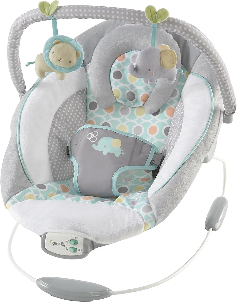 Ingenuity Rahatlatıcı Ana kucağı Bebek Koltuğu, Sesler ve Titreşimler, 0-6 Ay, 9 kg'a Kadar - Morrison, Fil/Aslan Oyuncaklı (Gri/Mavi)