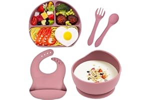 Hoseay Baby Weaning Set, 5 Pcs Silicone Baby Feeding Set with Suction Bowl Plate Fork Spoon Adjustable Bib Baby Led Weaning Feeding Supplies BPA Free Baby Plate Set for Kids Toddlers, Pink
