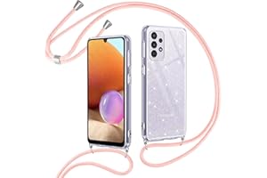 Vauki Funda Glitter para Samsung Galaxy A32 4G con Cuerda,Carcasa Silicona Transparente Antigolpes con Cordón Collar Correa de Cuello Colgante,Purpurina Case para Samsung Galaxy A32 4G 6.4",Oro Rosa
