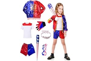 ATOWORLD Deguisement Halloween Fille 4 5 8 10 12 Ans Costume Halloween Enfant Fille avec Perruque Veste Collier Short Halloween Déguisement Cosplay Fille Deguisement Halloween Enfant Costume Carnaval Fête Noël