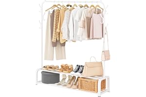 UDEAR Percheros Burro Independiente Con Barra Superior, Almacenamiento Inferior y 6 Qanchos, Blanco