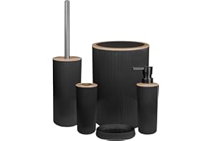 ILGRUPPONE Set Completo Accessori Bagno 5 Pezzi Design Moderno In Plastica Incluso Cestino Pattumiera,Dispenser Sapone Portascopino Con Scopino Incluso,PortaSaponetta,Porta Spazzolini - Nero