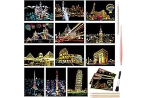ARTSPER Magic Scratch Art Paper(7.9"x5.5") Rainbow Landscape Engraving Art Mini Scratchboard DIY Pads for Adults and Kids, Crafts Set: 12 Sheets Scratch Postcard Cards & Drawing Pens, Brush (Building Series)