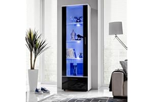 Komodee, Vitrina de Armairo Alessandria, Negro Blanco, Ancho 60 cm x Alto 192 cm x Profundidad 42 cm, LED Azul, 3 estantes, para salón, Dormitorio, Pasillo
