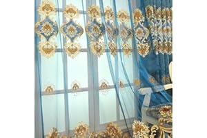 Amidoudou 1 Paar europäische luxuriöse bestickte durchsichtige Vorhänge für Wohnzimmer Schlafzimmer Tüllvorhänge (blau, 160 x 213 cm)