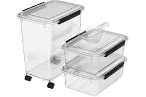 Cetomo Dog Food Storage Container, Airtight Food Containers with Wheels, Silicone Seal, Snap Locks, Plastic Pet Food Bin with Lid for Dogs, Cat, Pets, Animal, Clear, 10L/3.5kg*2+32L/12kg (1 Scoops)