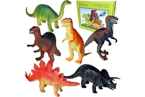 Lello & Monkey Dinosaur toys set of 6 plastic dinosaurs - Large 7 inch dinosaur figures labelled with names and gift boxed - age 3