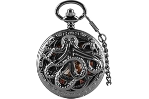 Tiong Vintage Unique Hollow Mechanical Steampunk Pocket Watch with Chain Skeleton Roman Numerals Pocket Watches for Men Gifts & Box