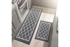 BEQHAUSE-Kitchen-Rugs-Non-Slip-Kitchen-Mats-for-Floor Machine Washable Kitchen Mats 2 Pieces Grey Kitchen Runner Carpet with TPR Backing, Rolled Packaging, 60X89cm+60X152cm