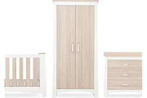 CuddleCo Ada 3-Piece Nursery Furniture Set – Convertible Baby Cot Bed, Removable Changing Top Dresser, Adjustable Double Wardrobe – White & Ash Finish, Modern Design with Silver Handles