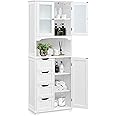 Yaheetech Tall Bathroom Floor Cabinet with 4 Drawers and Glass Doors, Freestanding Storage Cupboard Unit with Adjustable Shelves for Bathroom Kitchen Living Room