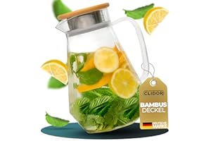 CLIDOR ® Water Carafe, 1.5 Litres, Reinforced Glass Strength, Carafe Suitable for Hot and Cold Drinks, Drip-Free Spout, Modern Glass Carafe, Teapot Glass, Robust Glass Carafe with Lid