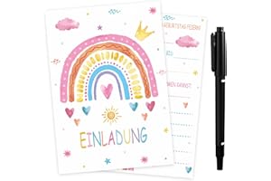 Tenare 20 Sets Einladungskarten Kindergeburtstag inklusive 20 Stück Bunt Regenbogen Geburtstagseinladungen 20 Stück Weiß Umschläge mit Marker Stift für Kinder Erwachsene Geburtstag Partyeinladung