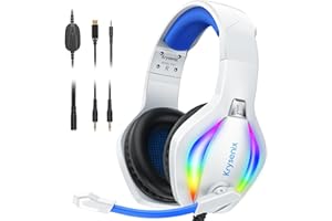 Krysenix PG1 Casque Gaming pour PS4/PS5/PC/Xbox/Nintendo Switch, Casque Gamer avec Son Microphone Stéréo AI, Casque PS5 avec Prise Jack 3,5 mm et lumière RVB, Blanc/Bleu