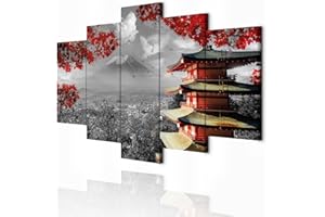 decomonkey - Impression sur Toile Campagne 200x100 5 Pièces - Tableau Décoration Appartement Déco Salon Peinture sur Toile Architecture nuages arbres montagnes japon paysage nature panorama