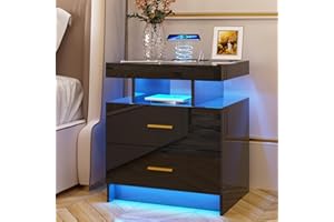 yoofun Black LED Bedside Table with Wireless Charging Station, Smart Nightstand Glass Top, High Gloss Sofa Side End Table with 2 Drawers for Living Room Bedroom