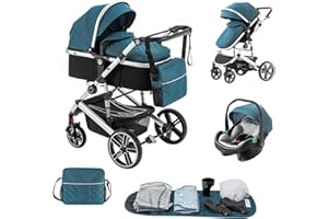 Lnhcrbs Poussette 3 en 1, Cadre de Poussette Trio en Aluminium, Roues en PU, Stroller Pliable, Habillage Pluie, Moustiquaire, Convient à 0-48 mois, 22 KG, Bleu
