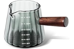 Joeyan 180ml Espresso Messbecher Glas mit Holzgriff, Klein Measuring Cup mit Skala, Transparent Messgläser mit V-förmiger Öffnung,Cocktail Messbecher ML für Kaffee Milch, Borosilikatglas, Grau
