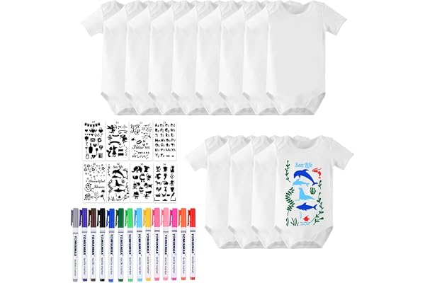 LOEPENLE Set med kortärmade bodys, baby shower, målning, baby shower med 8 kortärmade bodysuits + 14 färgglada textilpennor + 8 schabloner för partyspel, baby shower-sparkdräkt