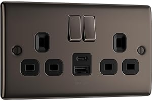 BRITISH GENERAL BG Electrical 12W Double Switched Power Wall Plug Socket with USB A and USB C Charging Ports, Nexus Metal, Black Nickel, 13A, NBN22UAC12B