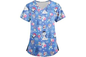 WDCHAOYUE Christmas Scrubs Nurses Top Healthcare Tunic Christmas Short Sleeve Santa Claus for Career Day Christmas Uniforms for Women Dog Grooming Workwear Santa Claus Christmas Beauty Salon Work Top for Ladies