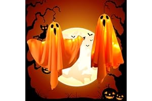 Lypumso Decoracion Halloween Fantasma Naranja, 2 Piezas Led Halloween Fantasmas Colgantes con Luces, con 3 Modos de Iluminación, para Exterior Interior Adornos Casa, Porche, Jardín, Patio, Árbol