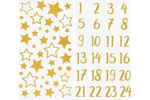 GEBETTER 2 Sheets Glitter Advent Calendar Number Stickers Star Sticker Christmas 1-24 Number Stickers Countdown Advent Calendar Numbers