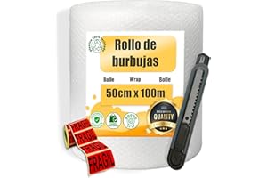 MARCPRINT Rollo Burbuja Embalaje 50 cm x 100 m con Cutter y Pegatinas de Fragil – Papel Burbuja para Mudanzas y Envíos – Plástico de Burbujas Protector Antigolpes – Embalaje Profesional Reutilizable.