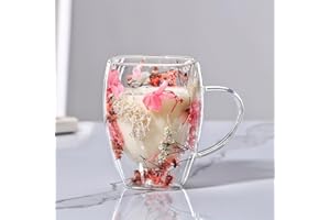 LeKuni Tasse Double Paroi Avec Fleurs Séchées, 350ml Verre Double Paroi, Tasses À Expresso En Verre Transparent Pour Cappuccino, Expresso, Latte, Thé(rose0