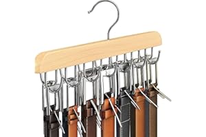 Hoquare Belt Hanger for Closet, Sturdy Wood Belt Rack Closet Accessories with 14 Hooks, Space Saving Rack Belt Display Holder, Belt Organizer Hanging Storage for Tie Belt Scarf
