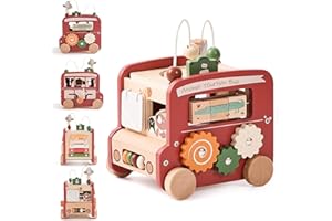 OESSUF Cubo de motricidad para bebé Montessori a Partir de 1 año, Juguete de motricidad 9 en 1 autobús para más de 12 Meses, Juguete de Madera para bebé, Juguete de Actividad, Juguete para niños a