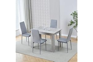 Homullel 110cm Dining Table and 4 Chairs, 4 Seater Kitchen Table and Chairs Set for Space Saving, Compact Dining Room Set for 4, 110x70 cm, Wooden, Beton Grey (4 Seaters, Faux Leather Grey)