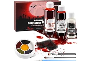 AIFANCIEY Fake Blood Halloween, SFX Makeup Kit 1*48ml Dark Red Blood, 1*58ml Fresh Blood, 1*28ml Liquid Latex, 1* Face Paint Kit, Makeup Brushes Sponges Create Zombie Skin Scare Scar Amazing Halloween Makeup