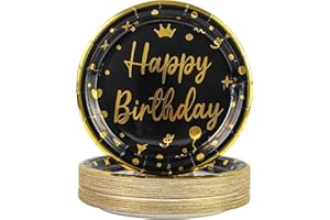 DHAIQC Lot de 50 Assiette Jetable Anniversaire 18cm, Noir Vaisselle Jetable Anniversaire Assiettes Dessert Assiette Carton pour Barbecue Camping Mariages Fête Anniversaire (Anniversaire Noir, 18CM)