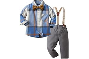 Kunyeah Niño Caballero Atuendos a cuadros Niño Camisa de manga larga con pajaritas Tirantes Pantalones Niño Traje de Vestir para 1-6 Años